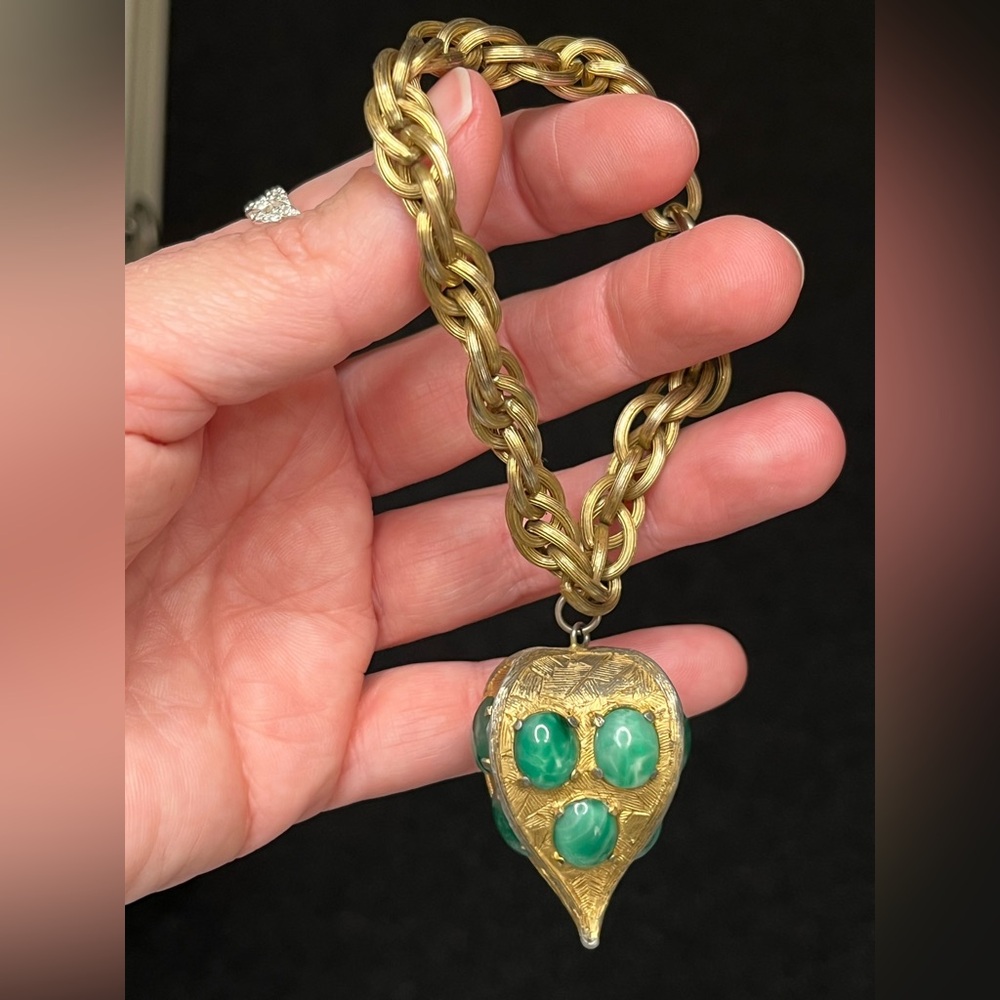 Germany Victorian Art Deco gold tone jade green art glass charm bracelet